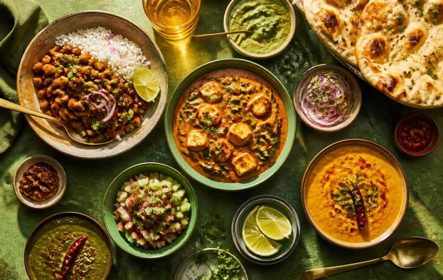 A vibrant spread of fresh Indian vegetarian bowls, curries and naan