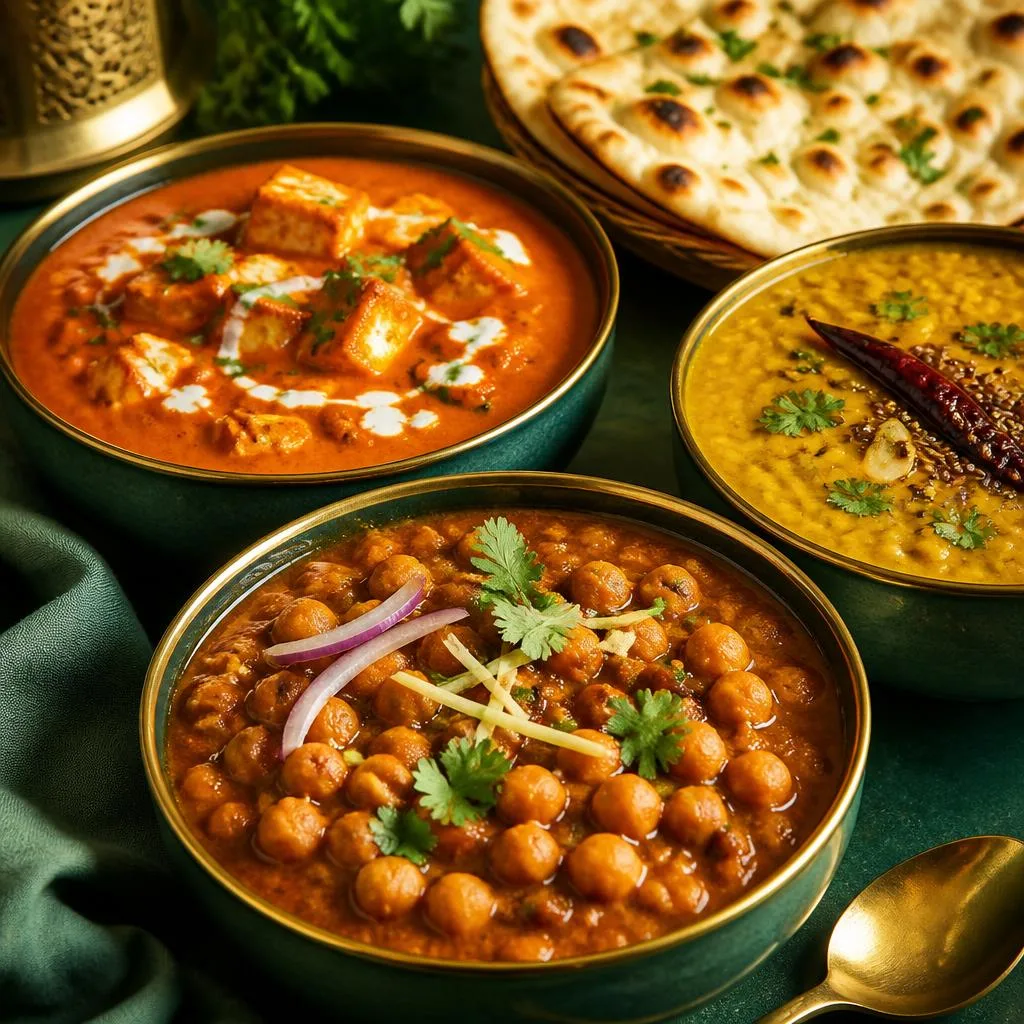 Colorful Indian vegetarian curries in elegant bowls